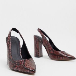Sling Back Block High Heels in Burgundy Snake Print